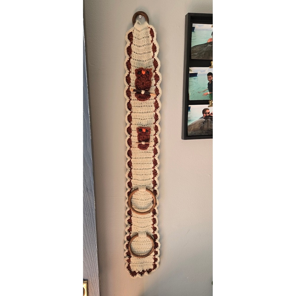 Vintage Crochet Owl Wall Hanging Towel Holder Wooden‎ Rings Boho Kitchen decor